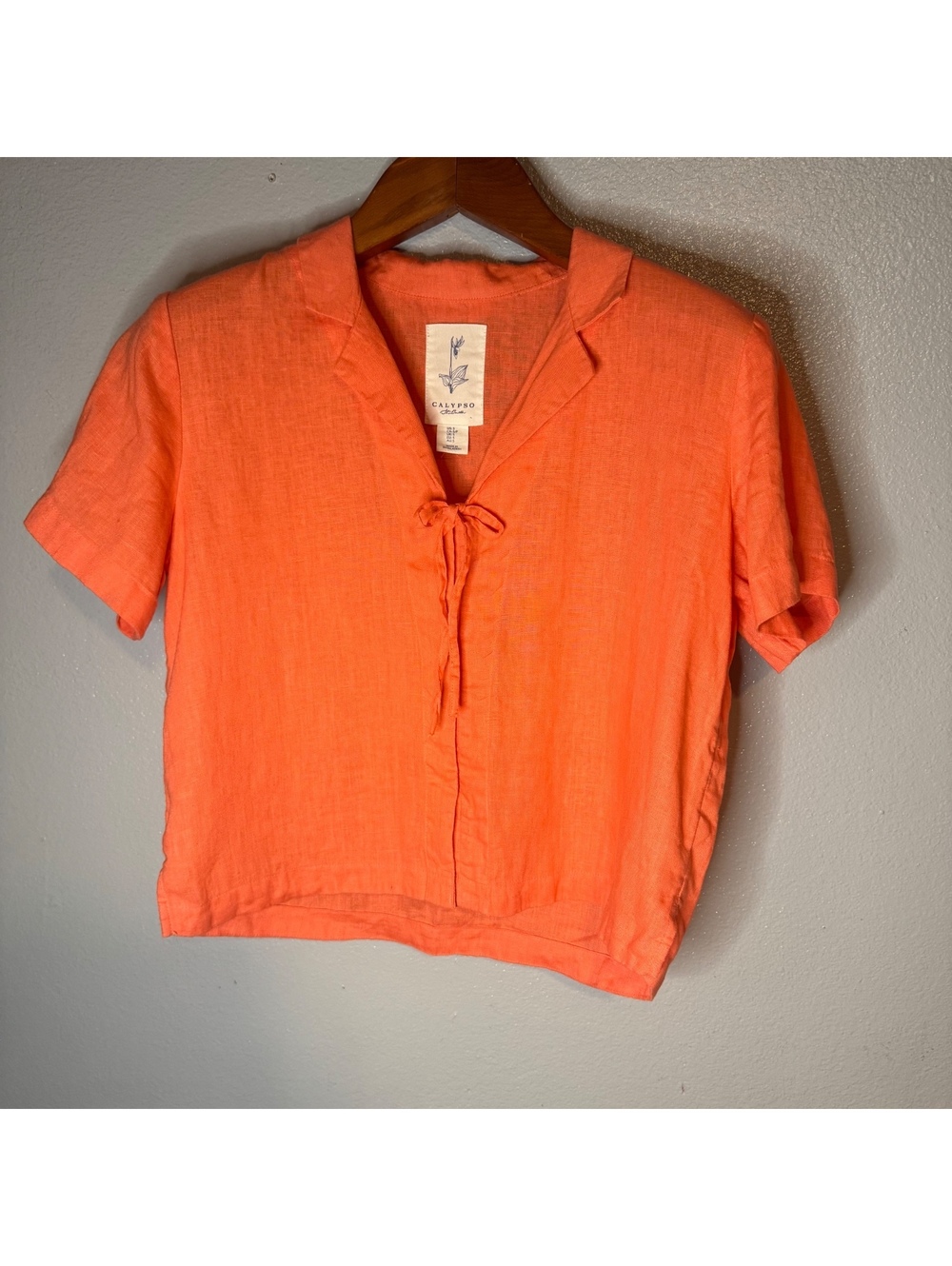Calypso St. Barth Orange 100% Linen Tie Front Shirt Women’s Size Small - Picture 2 of 8